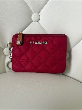 Mz Wallace Flat Metro Key Pouch Quilted Zip Card Case in Red Silver Accents